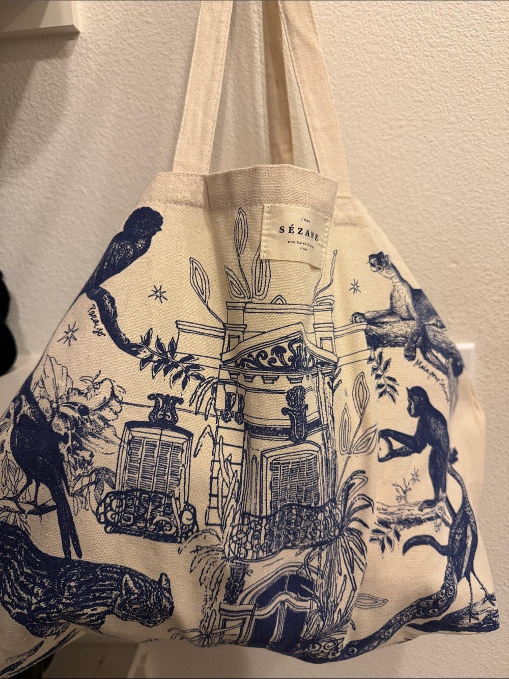 Sézane Cream Canvas Tote with Navy Illustration